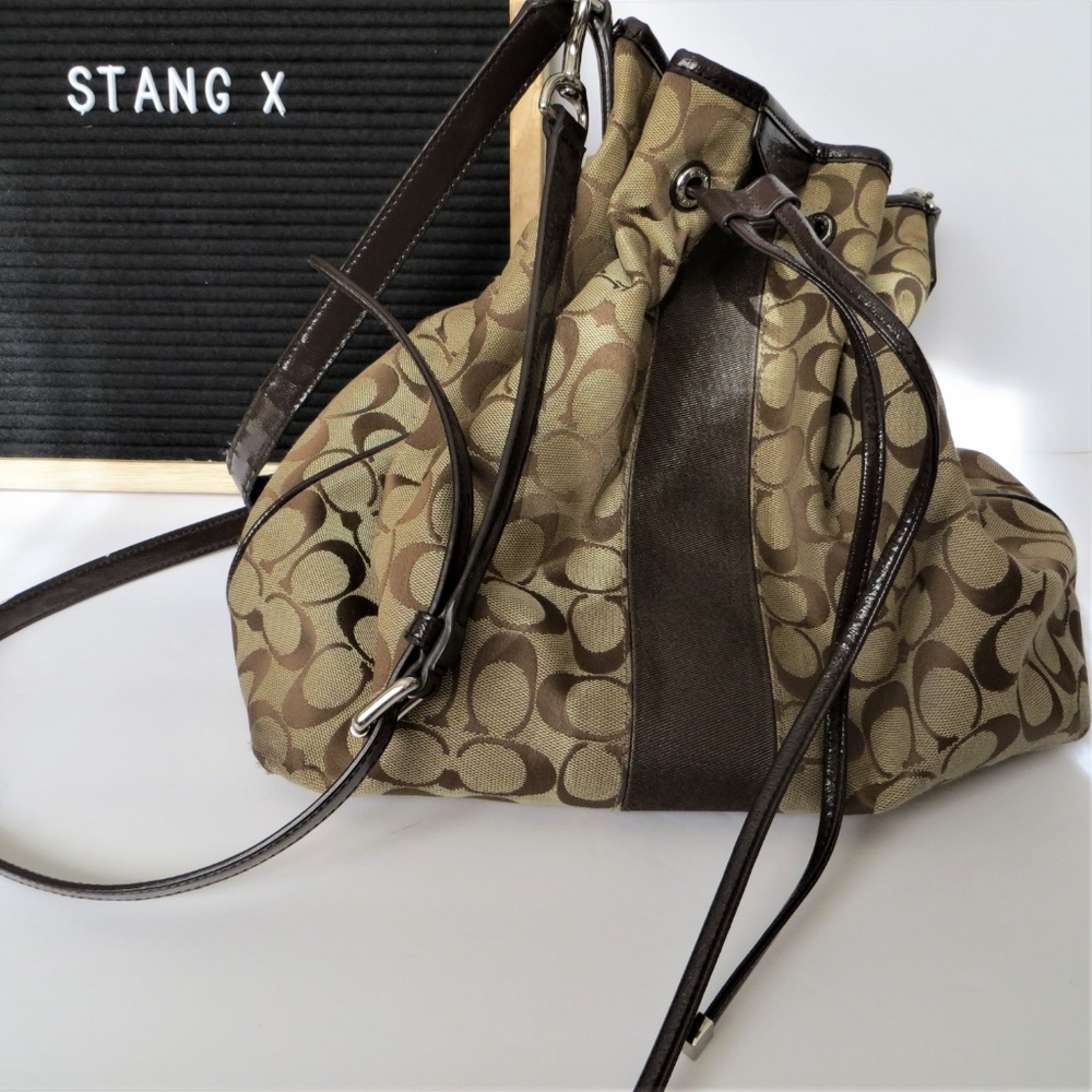 COACH SIGNATURE STRIPE DRAWSTRING SHOULDER BAG - Picture 2 of 7